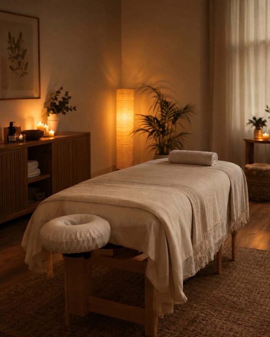 Table de massage dans une ambiance chaleureuse et tamisée
